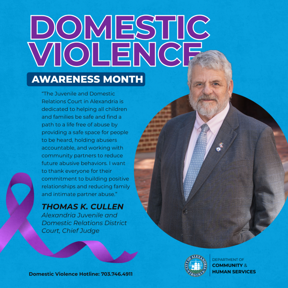 A purple ribbon (symbol of Domestic Violence Awareness).  The logo for the Department of Community & Human Services.  A Hotline Number at the bottom: Domestic Violence Hotline: 703.746.4911