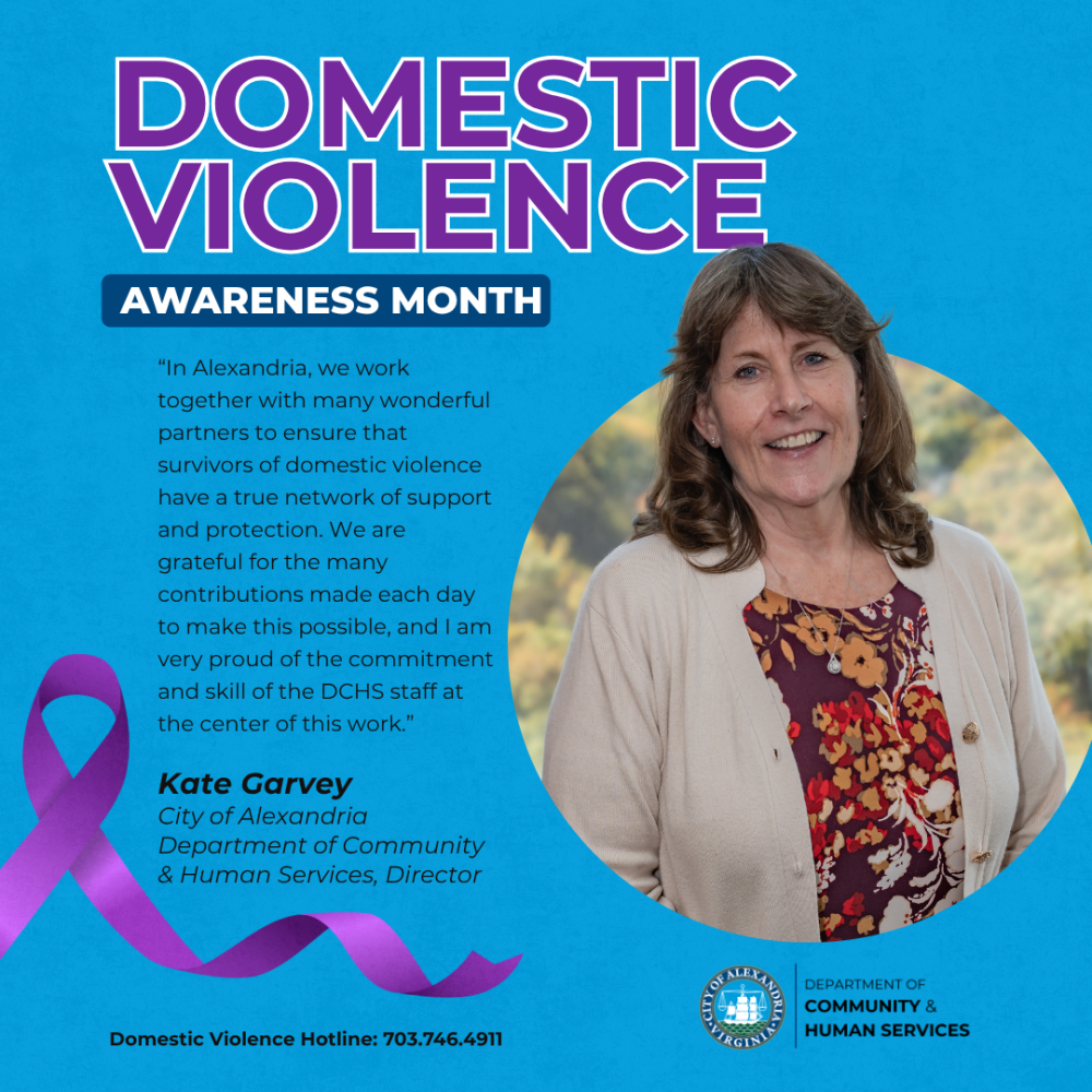 A purple ribbon (symbol of Domestic Violence Awareness).  The logo for the Department of Community & Human Services.  A Hotline Number at the bottom: Domestic Violence Hotline: 703.746.4911