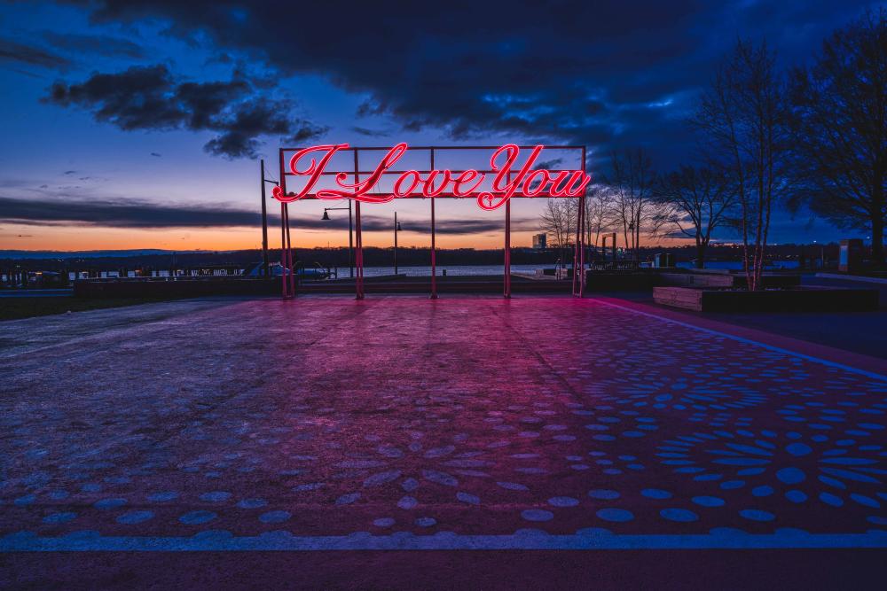 Pink I Love You in script with a dusk background