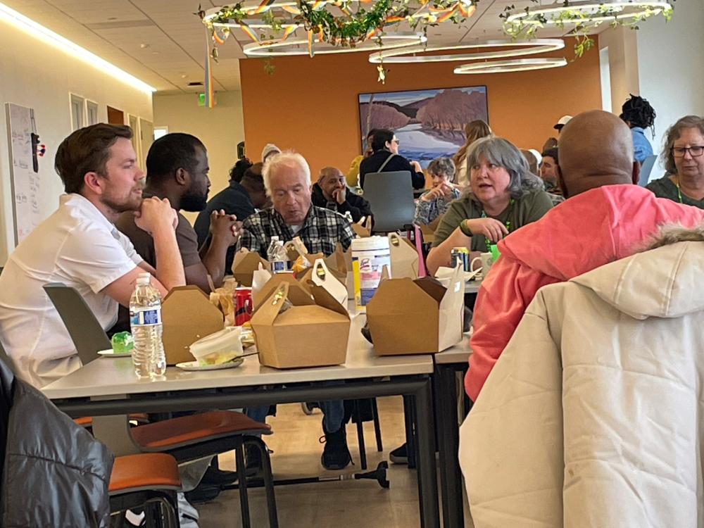 People eating casual lunch together
