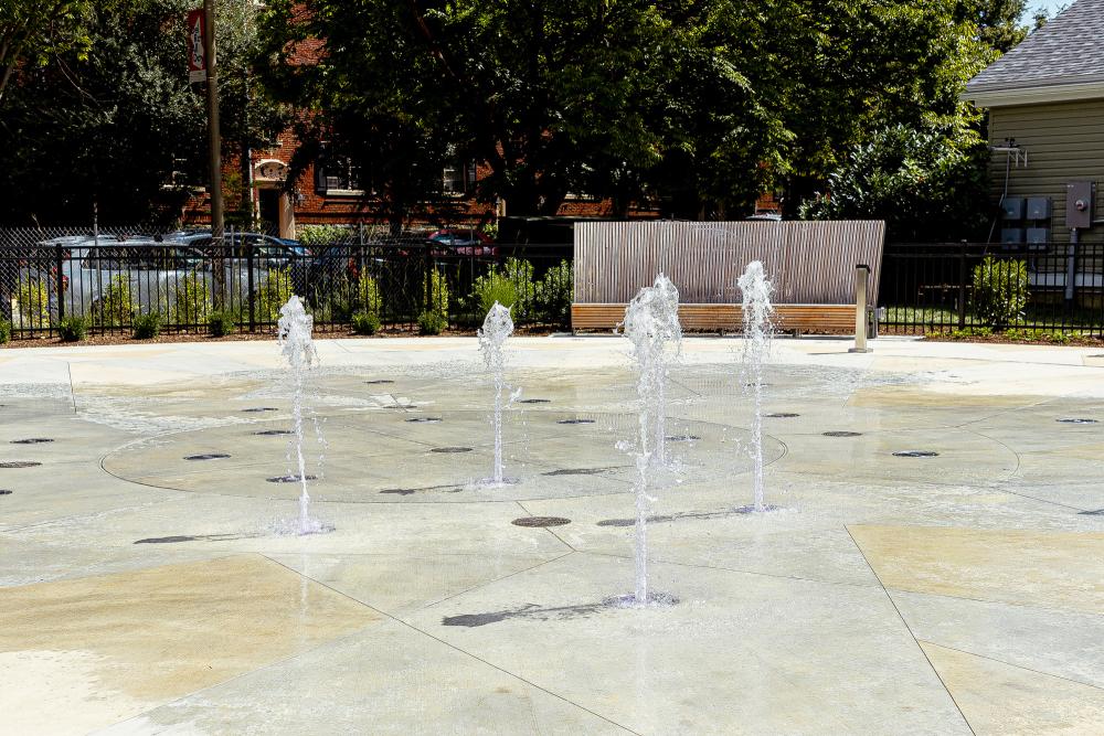 Water on the Colasanto park sprayground is on and dancing