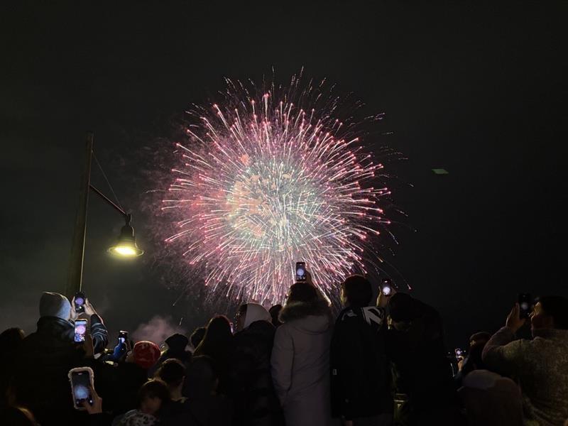 Large fireworks in background with large crowd in foreground