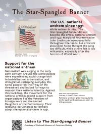 The Star-Spangled Banner exhibit panel. The U.S. national anthem since 1931; Support for the national anthem.