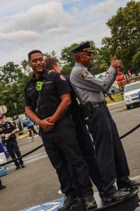 Three Alexandria policemen posing for the 360 video camera