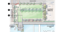 Bird's-eye view rendering of proposed landscape improvements for Point Lumley Park with numbers listing the park's historic shoreline elements.
