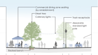 Cross-section of King Street-Strand Street Pedestrian Area improvements with materials listed.
