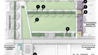 Bird's-eye view rendering of proposed landscape improvements for Point Lumley Park with numbers listing the sustainability features.