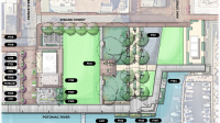 Rendering of proposed plan for Waterfront Park with index numbers pointing to different furnishing and lighting features.