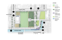 Rendering map indicating the environmental elements used in the Waterfront Park design.