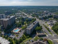 Drone aerial of London Park Towers looking east on Duke St