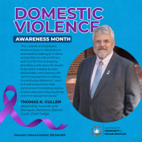 A purple ribbon (symbol of Domestic Violence Awareness).  The logo for the Department of Community & Human Services.  A Hotline Number at the bottom: Domestic Violence Hotline: 703.746.4911