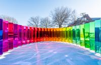 Mirror Mirror Site See Installation with clear glass mirrors arranged in rainbow colors order