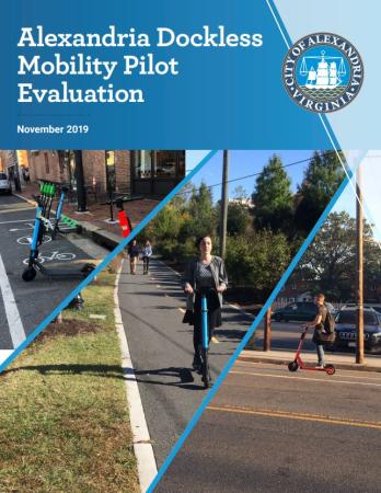 Cover of the Alexandria Dockless Mobility Evaluation (includes photos of people riding scooters)