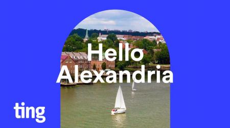 Graphic introducing Alexandria to internet service provider Ting (Photo of city skyline with Hello Alexandria text. 
