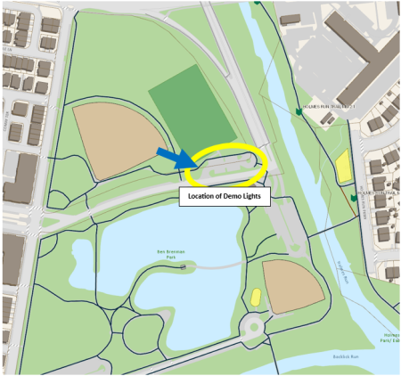 graphic showing ben brenman park with the parking lot circled as lighting project area