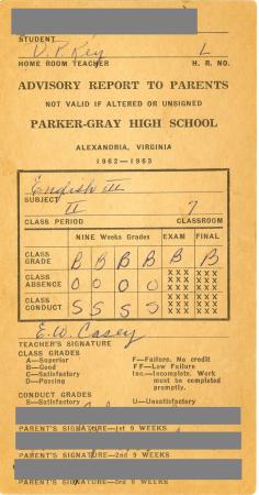Parker-Gray Report Card, student and parent names redacted