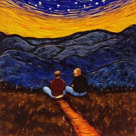 two people sitting on the ground looking up at mountains and stars