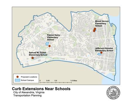Map showing proposed locations for Curb Extensions Near Schools