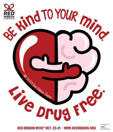 Red Ribbon Week 2023 logo: Be Kind to Your Mind. Live Drug Free.