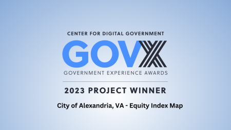 The Logo for GovX with the text: 2023 Project Winner City of Alexandria, VA - Equity Index Map