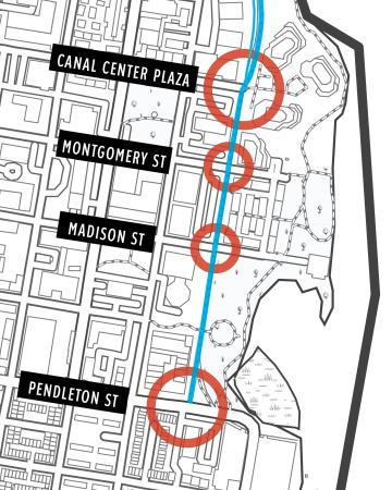 A map that shows the project locations at four intersections with the Mount Vernon Trail