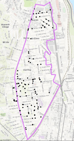 Map showing manholes located in northeast Alexandria that will be rehabilitated as part of the Sanitary Sewer Asset Renewal - E. Del Ray project.
