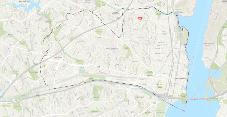 Map of Alexandria featuring a red box marking the location of the N. Overlook Dr. drainage improvement project.