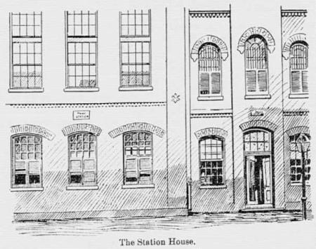 Engraving from newspaper of two buildings with caption The Station House