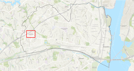 Map of Alexandria with a red box indicating the project location adjacent to the former Landmark Mall site.
