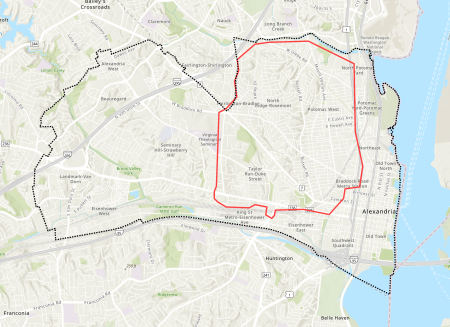 Map of Alexandria showing the portion of the City included in the Four Mile Run and Commonwealth Manhole Inserts project.