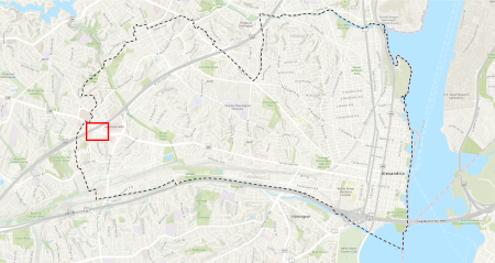 Map of Alexandria with a red box indicating the location of the Duke Street ramp from I-395 N to Landmark.