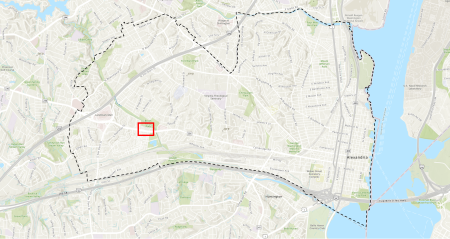 Map of Alexandria with a red box indicating the location of Beatley Library on Duke Street.