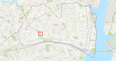 Map of Alexandria with a red box indicating the location of Cameron Overpass in southwestern Alexandria.