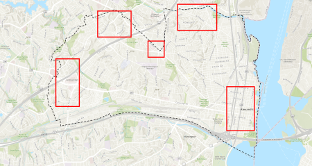 Map of Alexandria with red boxes indicating the areas where new or renovated bus shelters will be installed.