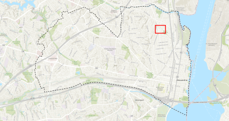 Map of Alexandria with red box indicating the location of the Clifford Avenue, Fulton Street, and Manning Street Storm Sewer Improvements project.