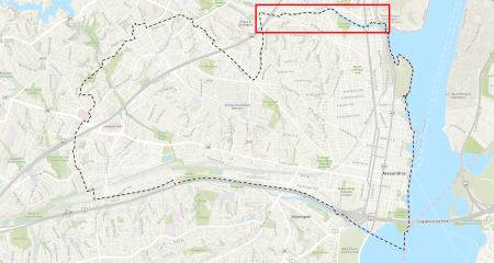 Map of Alexandria with a red box indicating the location of Four Mile Run