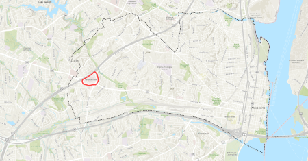 Map of Alexandria with a red outline around the proposed new INOVA hospital complex (formerly Landmark Mall).