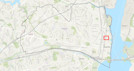 Map of Alexandria with a red box indicating the project location of Madison Street and North Saint Asaph Street.
