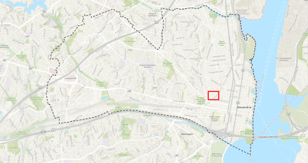 Map of Alexandria with a red box indicating the project location at the southern end of Mt. Vernon Ave. near Hooffs Run Park and Greenway.