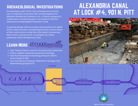 One of two pages of brochure showing color photo and map of canal with block highlighted in yellow