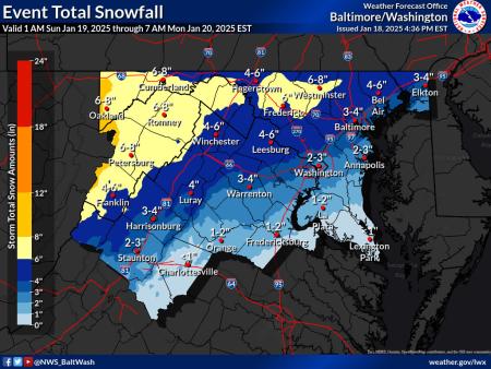 National Weather Service prediction of total snowfall for Sunday.