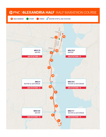 A map of the PNC Half Marathon route beginning on King Street in Alexandria Virginia and extending down George Washington Parkway before looping back towards Old Town and Ending on Union Street.