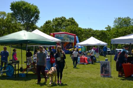 Eco-City Festival attendees walk between booths at the park, with a bouncy castle in the background. 
