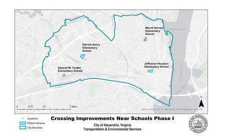 City of Alexandria map showing the six project locations and their relationship to nearby schools.