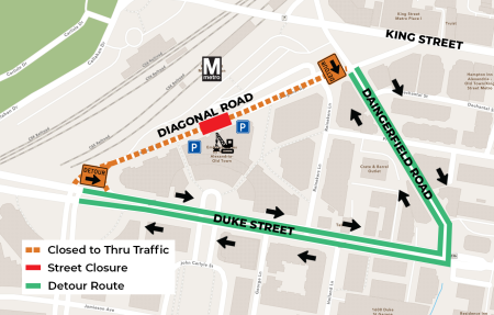A map of Diagonal Road at intersections of King Street and Duke Street, displaying crane location, detour routes, and lane closures.