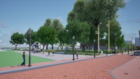 Rendering of Waterfront Park and the Pump Station from the intersection of King St. and Strand St.