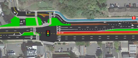 A map of the intersection of Duke Street, Yale Drive, Cambridge Road, and Roth Street showing proposed layout changes, including the addition of a dedicated westbound bus lane, pedestrian islands, and a bike lane.