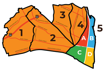 A map of the City of Alexandria with the five zones for leaf collection numbered from west to east, with zone 5 in Old Town divided into four sub-zones.