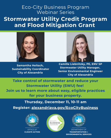 Flyer for the stormwater utility credit program and flood mitigation grant webinar. 
