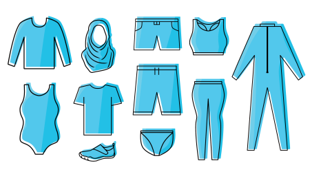 Images of acceptable swimwear for the pools in shades of blue: long-sleeve top, one piece suit, swim balaclava, short-sleeve shirt, pool shoe, short shorts, shorts to the knee, swim bottoms covering the back, swim bra with full coverage, tight swim leggings, tight full body suit